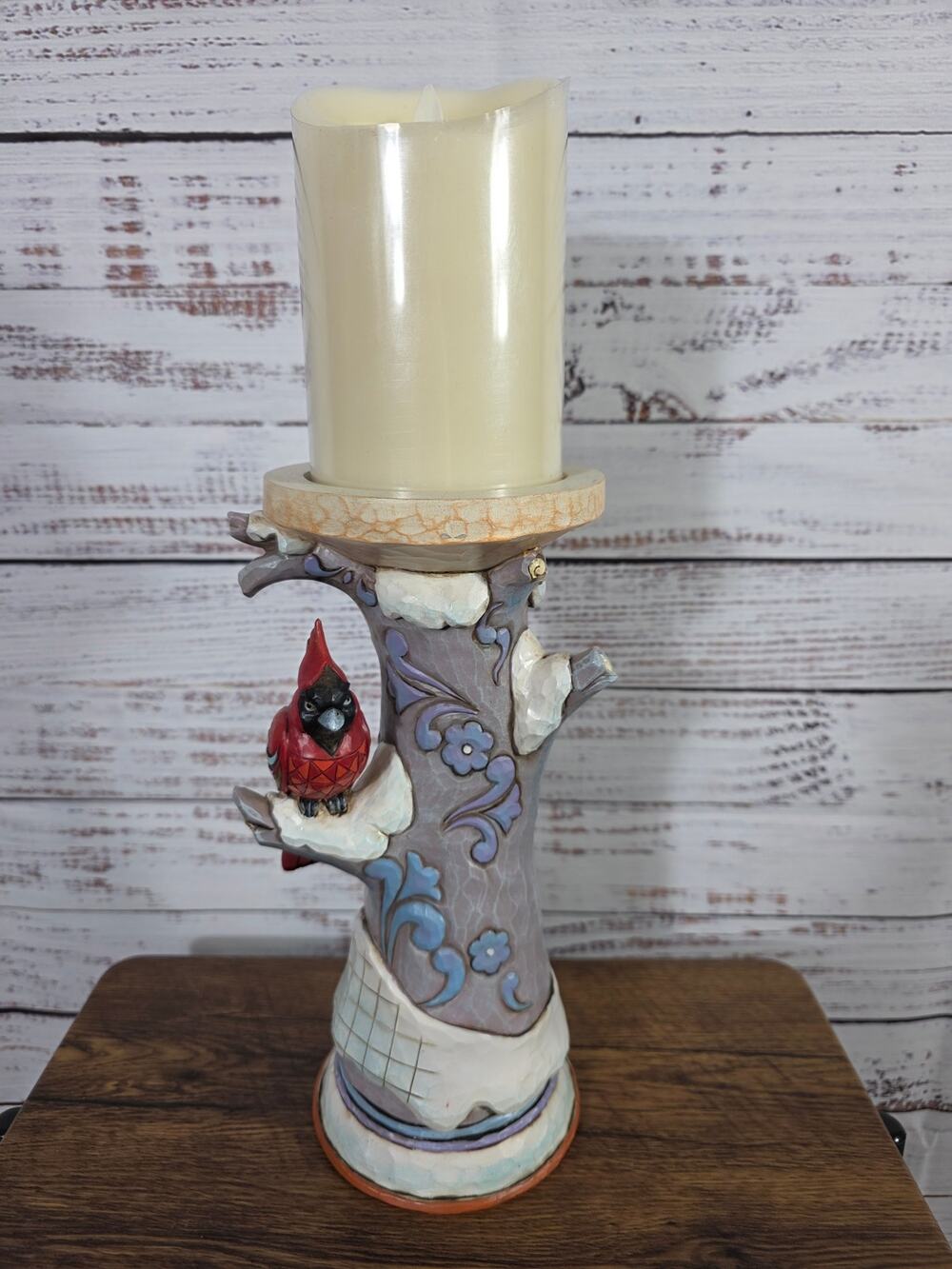 Jim Shore Heartwood Creek Candle Holder Featuring Red Cardinal Perched